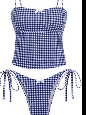Seamoly Women’s Blue Gingham Tie-Side Tankini Bikini Set